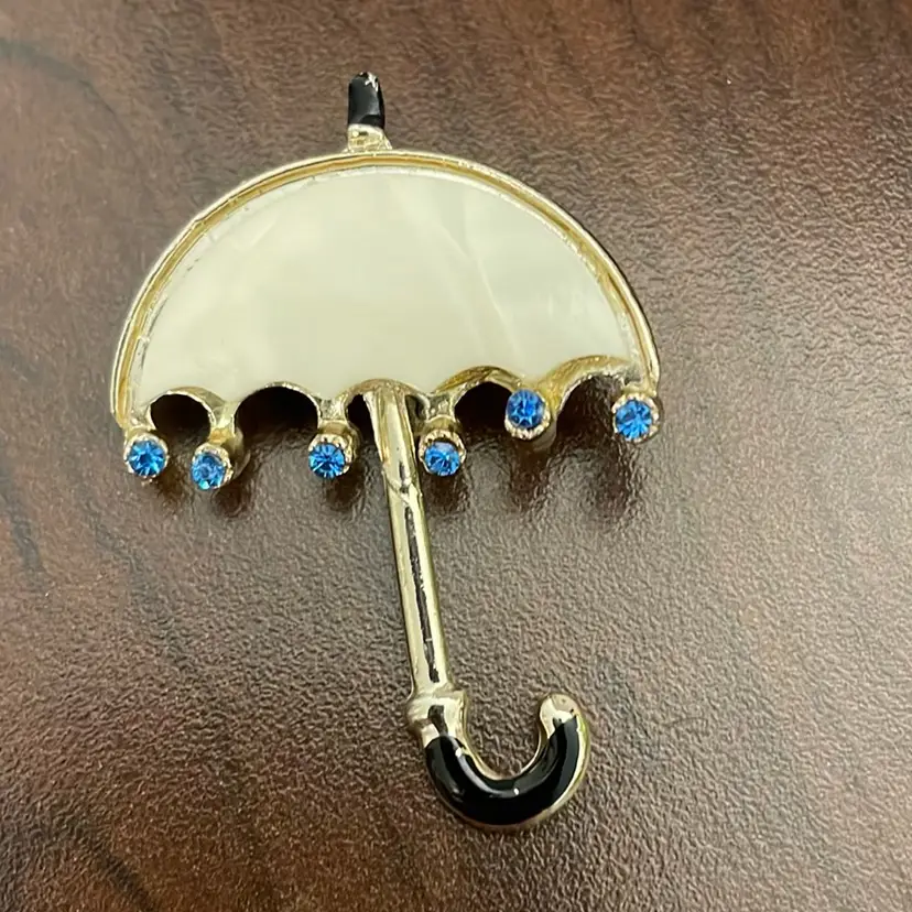 #409 Silver White And Blue Stones Umbrella Pin. Not Marked