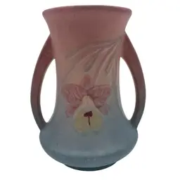 Vintage Hull Pottery 6.5” Orchid Double Handle Vase, 304-6, Pink/Blue/Yellow