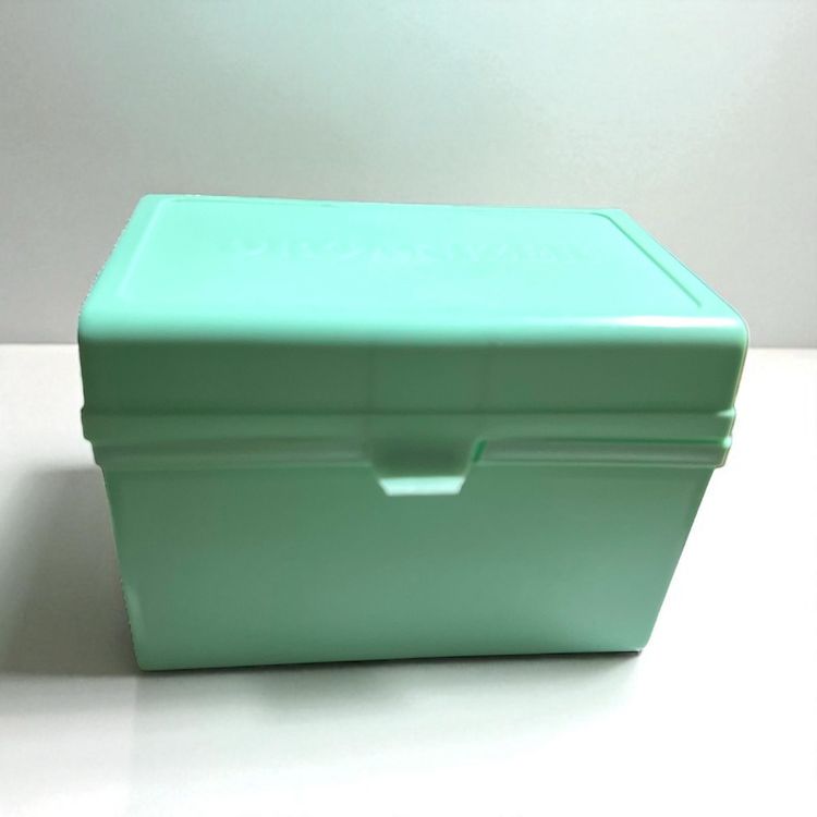 Vintage aqua plastic recipe, organizer box cards and tabs 6.5" x 4" x 5" 1970s.
