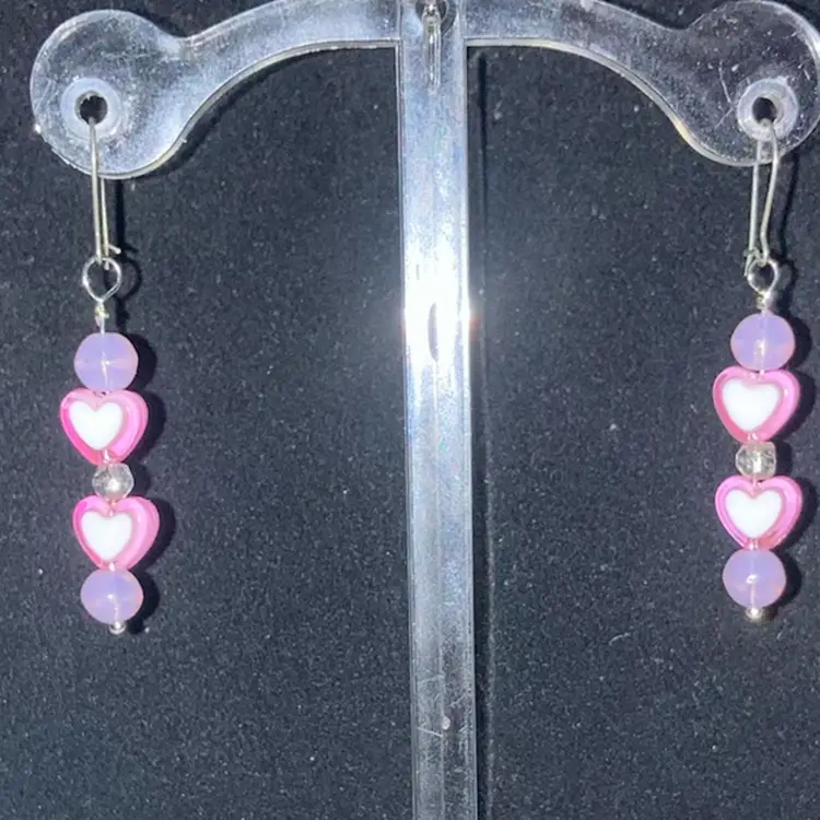 UV Reactive Heart 1 3/4” Drop Earrings! Silver Tone Fish Hooks.  Made By Me!