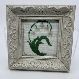 Vintage Small White Wood Framed Lily Of The Valley Needlepoint Artwork