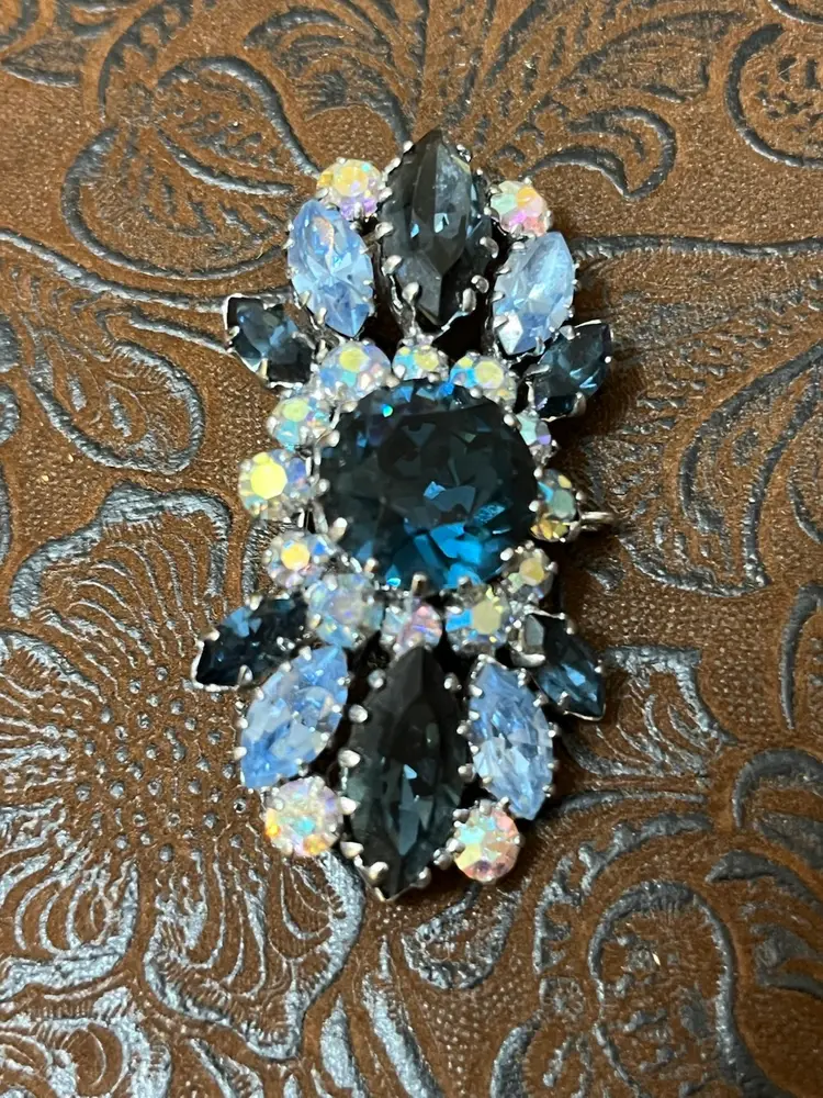Vintage Blue & AB Prong Set Rhinestone Brooch