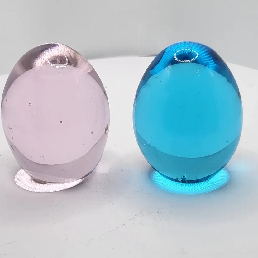 Vintage Glass Egg Paperweights in Pink and Blue 2"