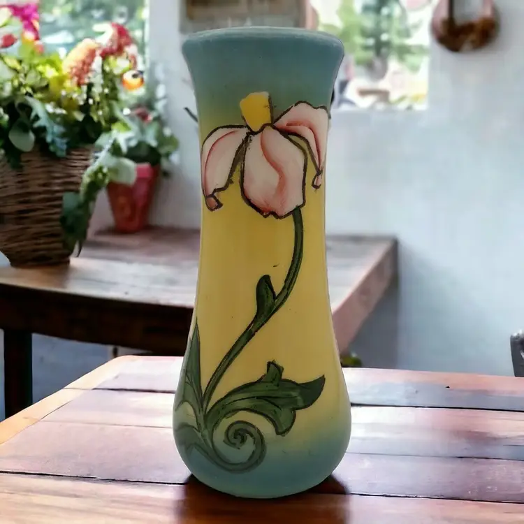 Antique Westmoreland Glass Co Milk Opal Glass Hand Painted Pink Flower Vase 1910