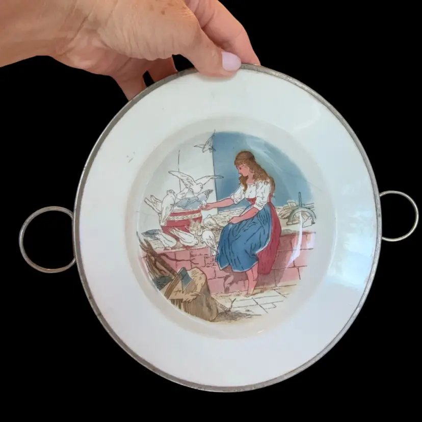 Antique Porcelain Handled Warming Plate With Silver-plated Base - Made In Germany (stamped). Gorgeous Woman Feeding Birds Scene. 9” Diameter 2” Tall