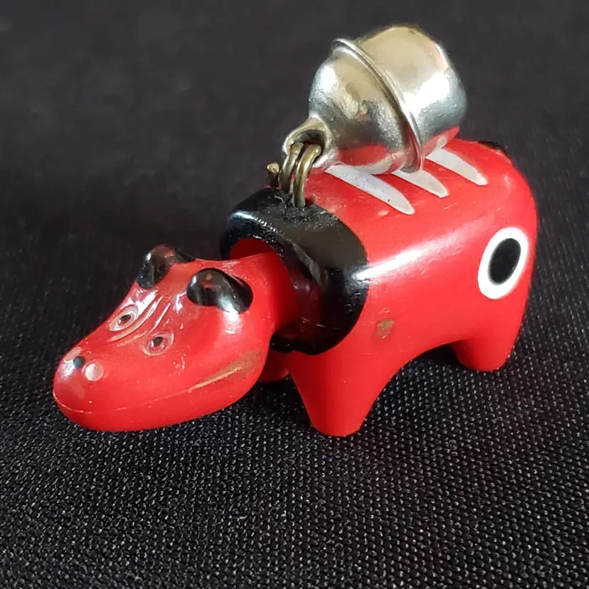 Akabeko Red Cow Swing Head With Bell Japanese Amulet Local Traditional 1½" Long Approximately