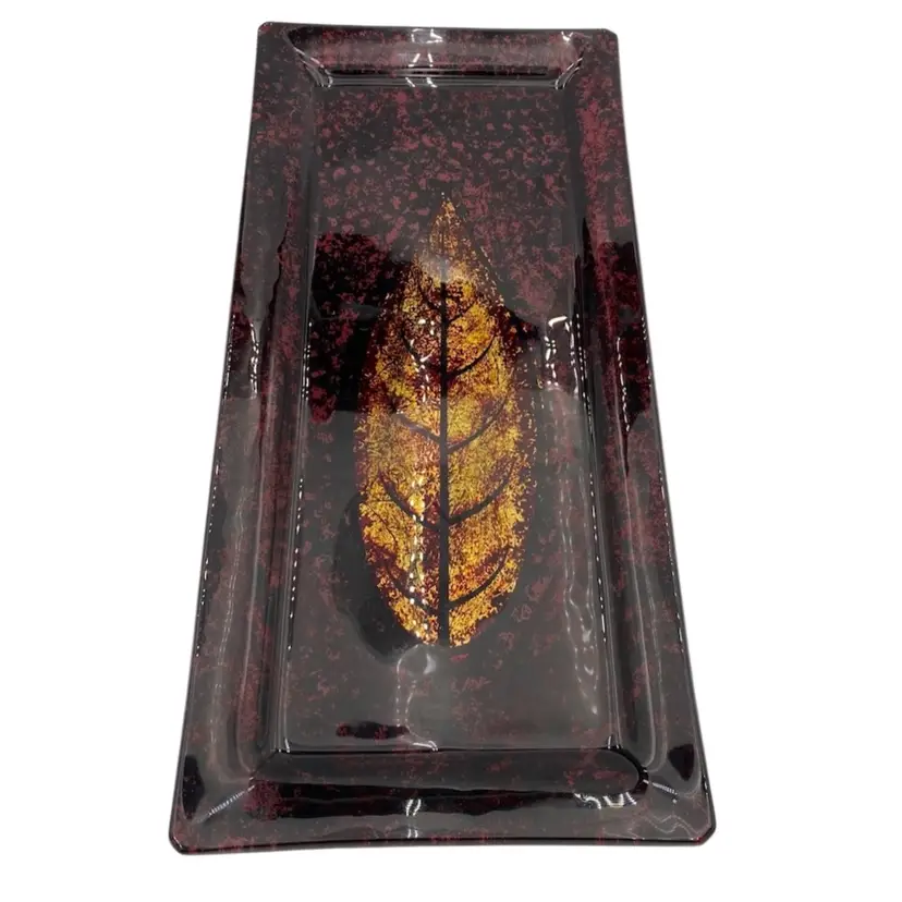 Painted Leaf Glass Serving /Display Tray, Fall Colors: Wine, Black, Gold, Russet