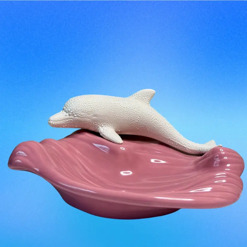 MCM Dolphin Trinket/Soap/Candy/Jewelry Dish  White Textured Dolphin Pink Wave 
Carousel Ceramics/Holland Mold
4-1/4” T x 9” L x 6-3/4” W