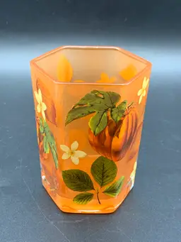 #51 ~  Vintage Hand Painted Orange Glass Fall Motif Octagonal Candle Holder
