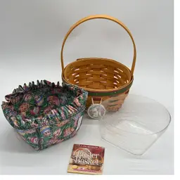 Longaberger 1999 Easter Basket Bundle Fabric Liner Plastic Protector & Tie On