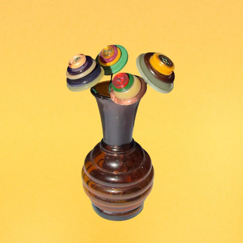 Vintage 1950's BEE HIVE SHAPED VASE Amber Root Beer Glass - Made in USA - With 4 Button Flowers Made By Me!