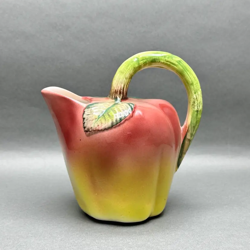 Vintage Ceramic Apple Pitcher With Leaf Handle Red & Yellow Hand-Painted Farmhouse Decor