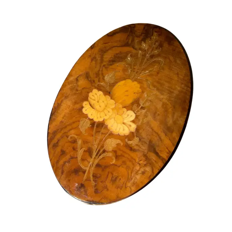 Vintage Marquetry Inlaid Floral Wood Art Oval Wall Hanging Plaque Three Yellow Flowers Italy