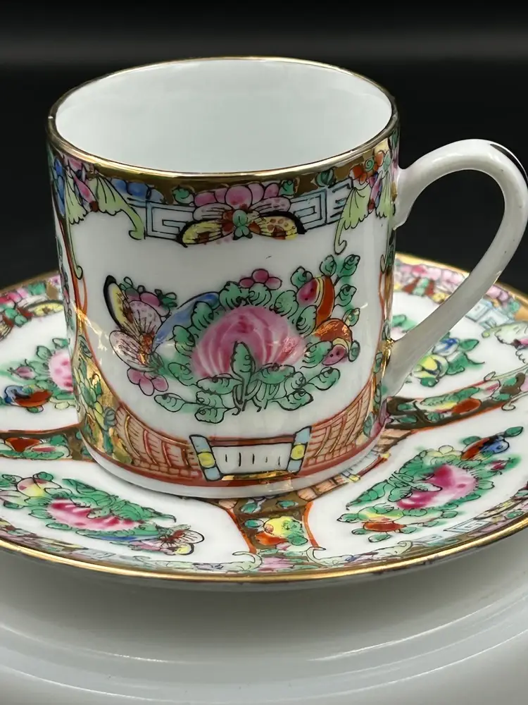 Vintage Chinese Porcelain Famille Rose Medallion Demitasse Cup And Saucer