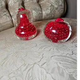 Vintage Art Glass Apple & Pear Fruit Paperweight Bullicante Controlled Bubbles