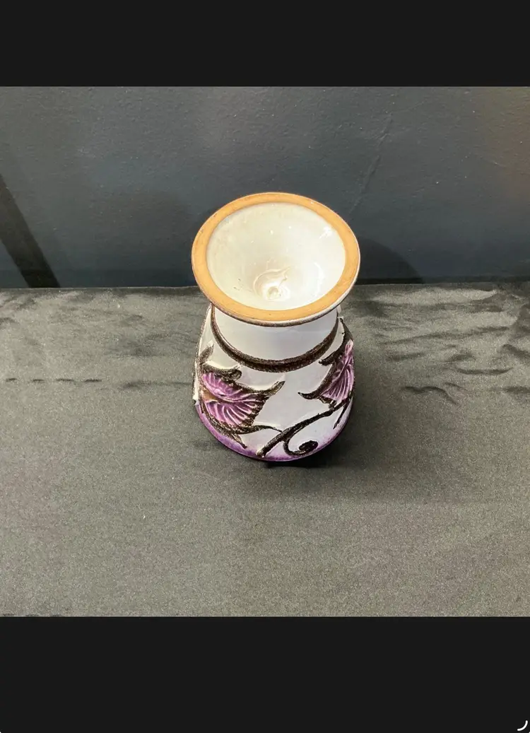 Vintage Purple Ceramic Pedestal Vase Goblet with Raised Leaf Design