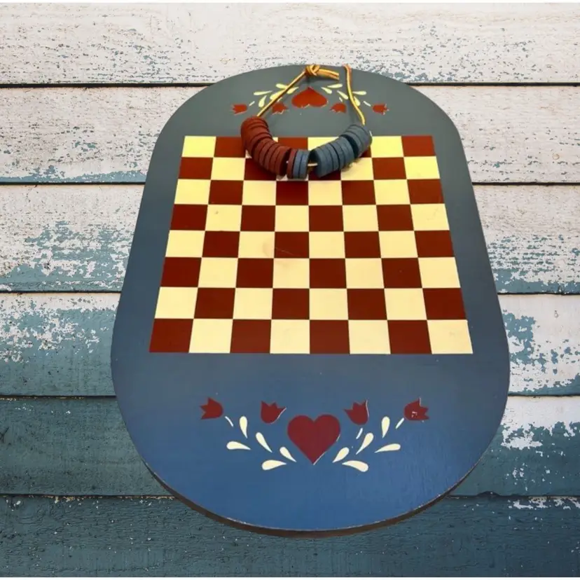 Vtg Handmade Wood Folk Art Chess Checker Board Wall Hanging Americana Primitive
