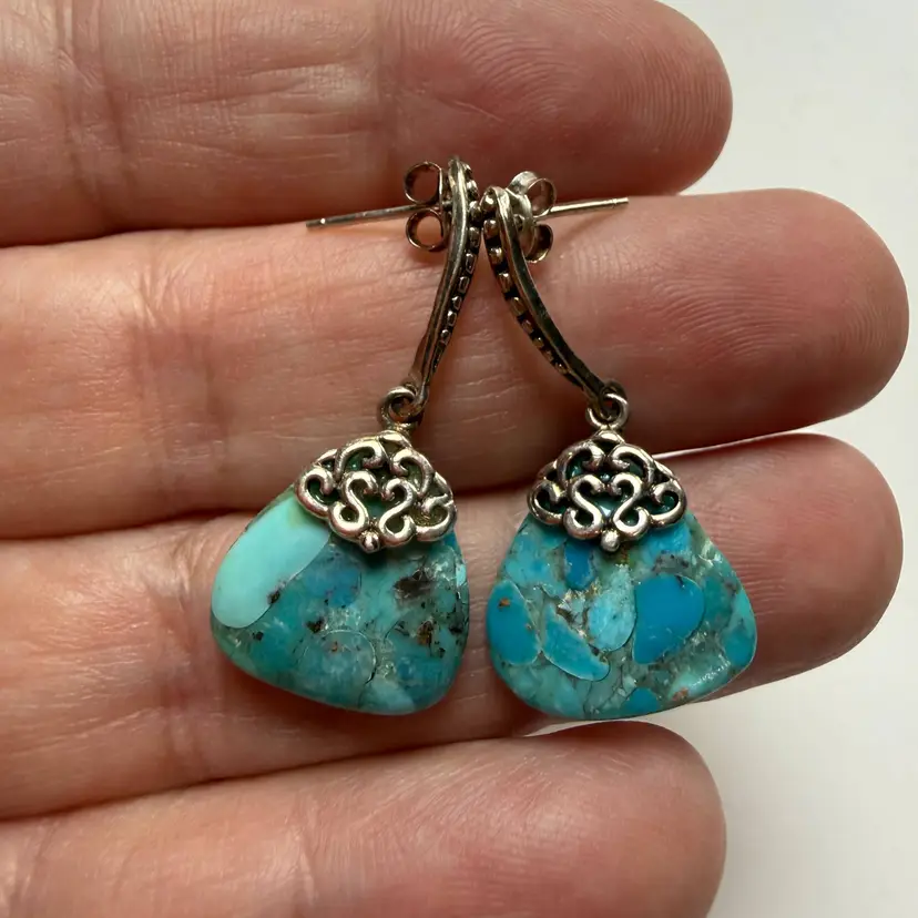 Sterling Silver 925 Blue Turquoise Drop Dangle Earrings Signed BBJ Triangular