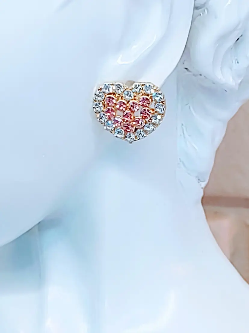 DOUBLE HEART PINK & CLEAR CUBIC ZIRCONIA SURGICAL STEEL STUD EARRINGS