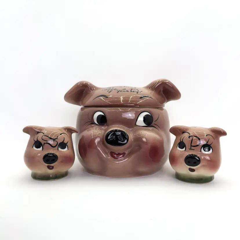 1950s DeForest Style Pig Cookie Jar & Shakers – Vintage Anthropomorphic Ceramic Kitchen Set – Midcentury Kitsch Decor