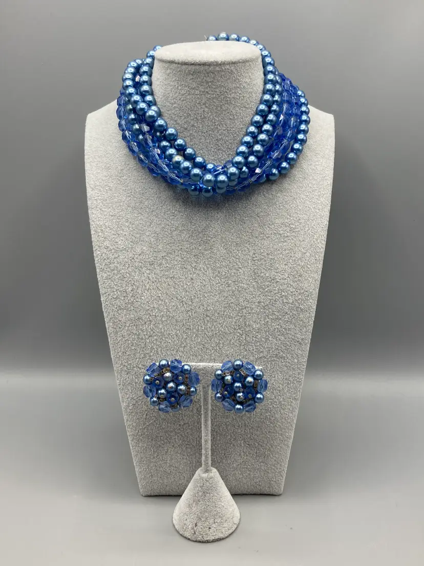 Vintage Blue Beaded 5 Strand Necklace and Clip-on Earrings Silver Tone - Made in Japan