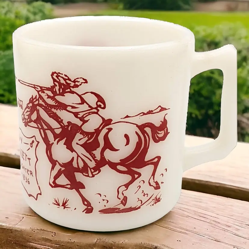Vtg Hazel Atlas Davy Crockett on Horse Children's Milk Glass Mug Cup Red Design