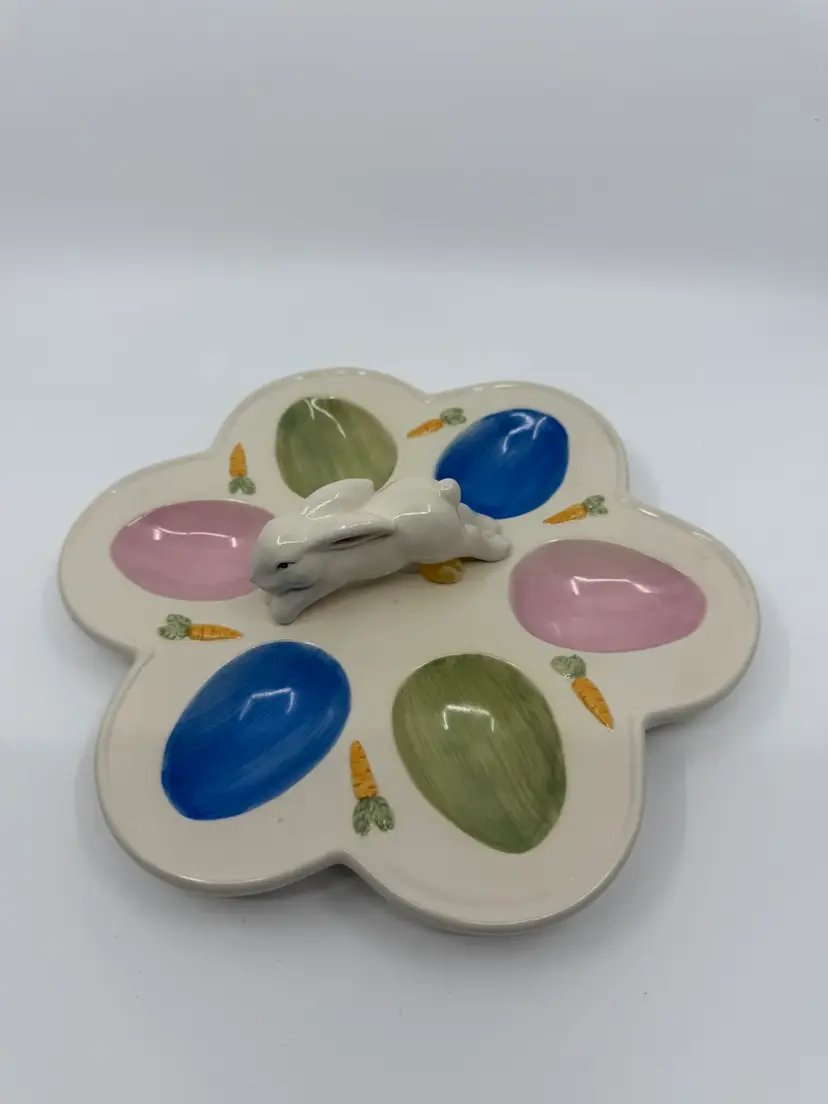 Vintage Easter Deviled Eggs 10”Multicolored Dish Bunny Figurine &Carrots Decor