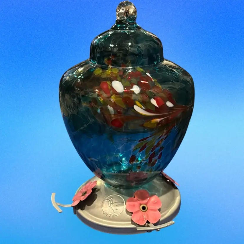 Hand Blown Hummingbird Feeder Fused Art Glass * Missing One Perch