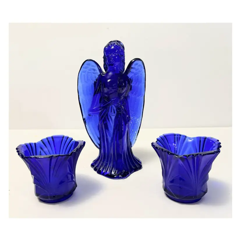 Vintage Cobalt Blue Glass Angel Figure & Drape Texture Candle holders