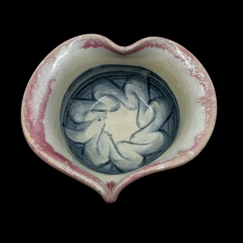 Heart Shaped Studio Pottery Bowl Pink Rim With Blue Swirls