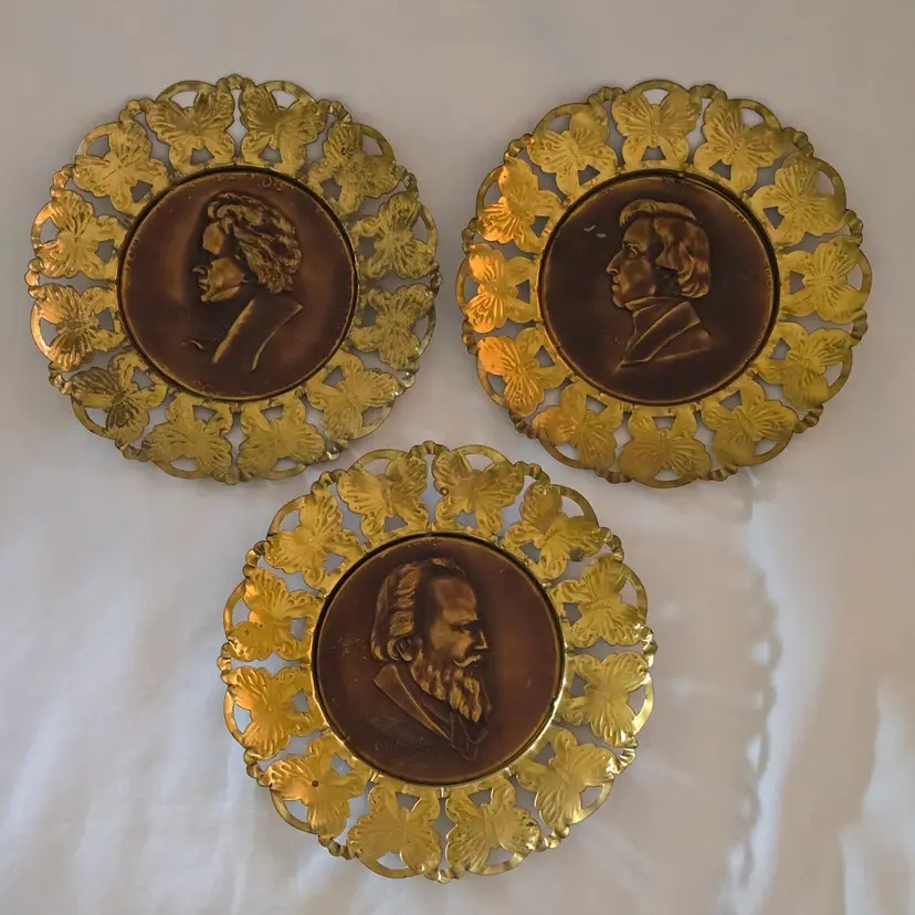 Brass Copper Framed Composer Trays for hanging (set of 3) Beethoven Brahms & Chopin Made in England