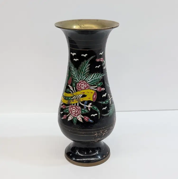 Vintage Brass Vase Hand Painted Enamel Metal Green Parrot Flowers Black 7" Tall