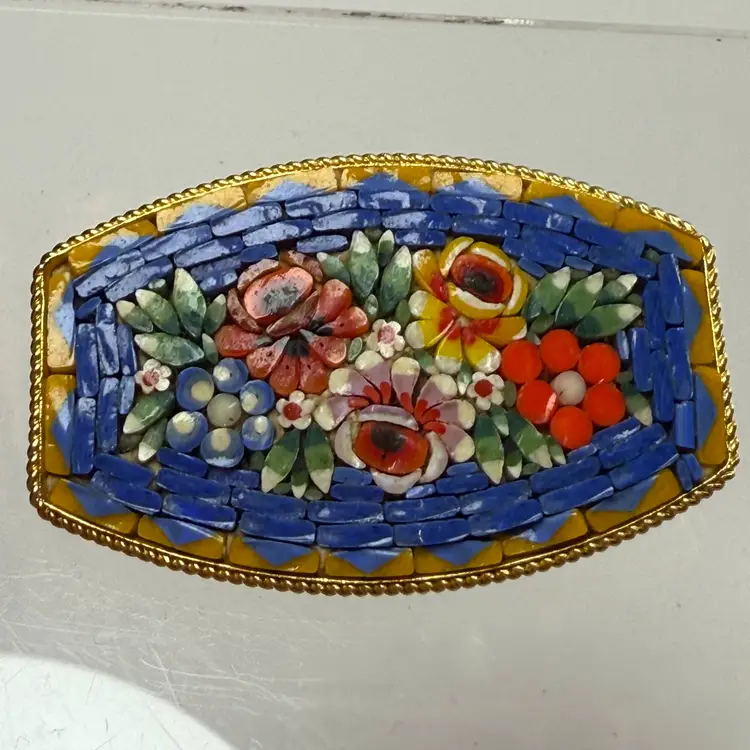 XL Vintage Rectangular Italian Micro Mosaic Bar Brooch Pin Blue Yellow Florals