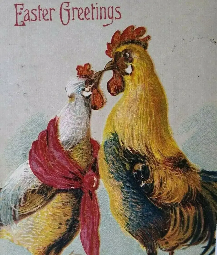 Easter Postcard Fantasy Dressed Kissing Roosters Anthropomorphic Vintage 1909