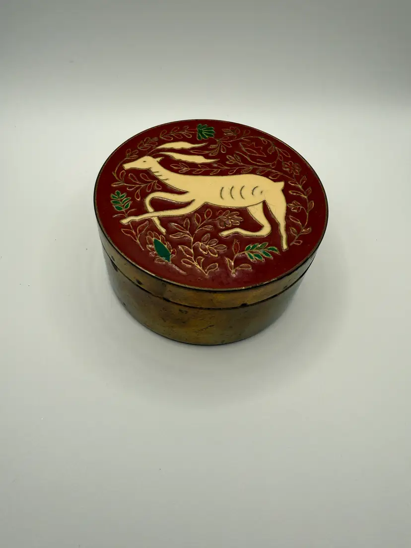 Vintage Brass and Enamel Deer Christmas Decor Trinket Box