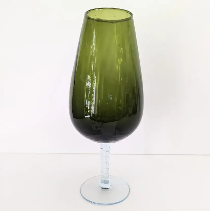 VTG Olive Green Empoli Style Glass Pedestal Vase Optic 12.25" H