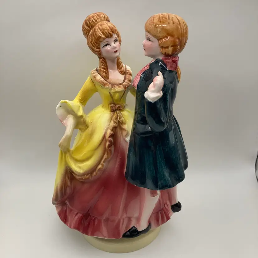 Vintage Handpainted Victorian Courting Couple Music Box! 7” Tall 4 1/2” Wide! Made In Japan!  Plays And Rotates! Stamped Sankyo Japan! READ! 1 Flea Bite As Seen In Close Up Pic!