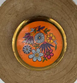 Vintage Mascot Powder Mirror Compact Enamel Floral Pattern Orange Blue 60s