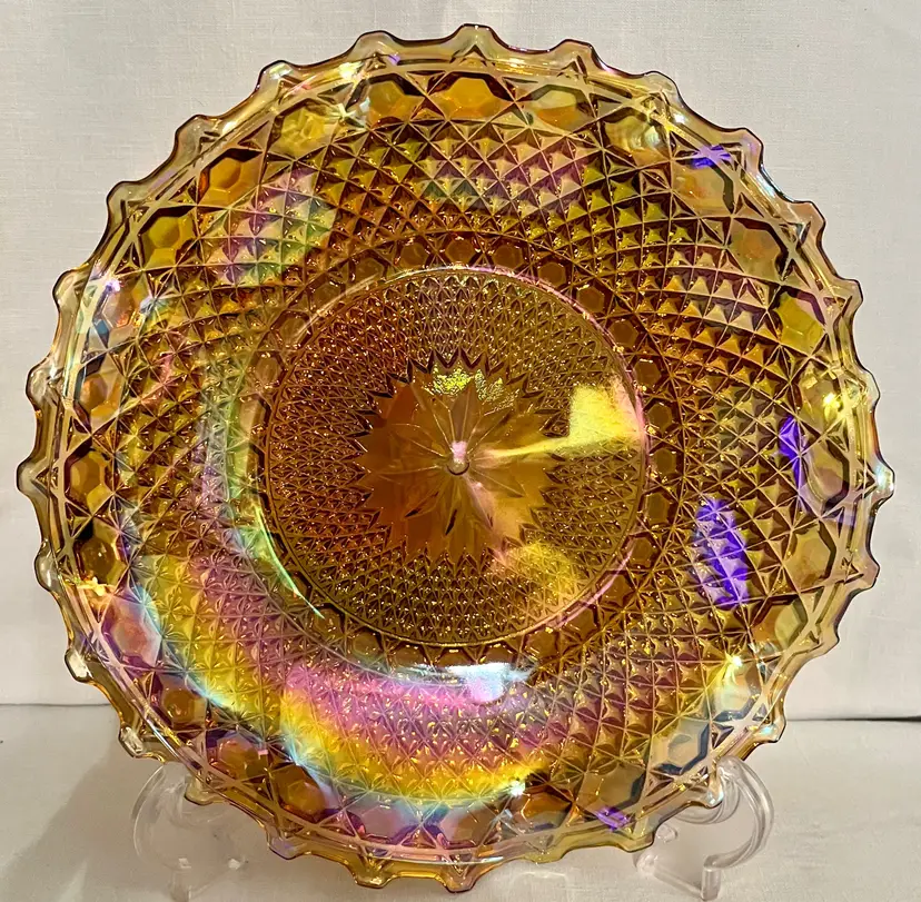 Vintage Iridescent Carnival Glass Crimped Hostess Serving Plate, Intricate Starburst And Diamond Pattern, Collectible Home Decor, By Indiana Glass, Made In Dunkirk, IN, MPN 1263
