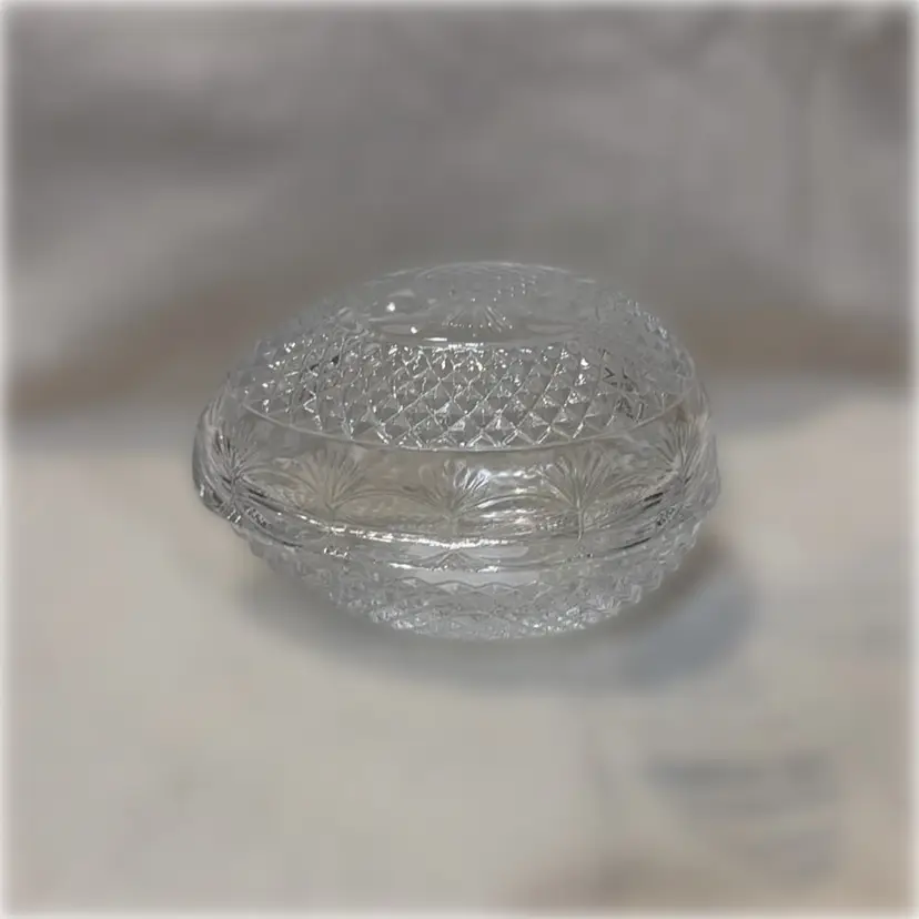 Vintage 1977 Fostoria Lead Crystaĺ Egg Lidded Trinket Dish - Avon Mother’s Day 1977 - 5.5” long, 3.5” wide, and 3” tall