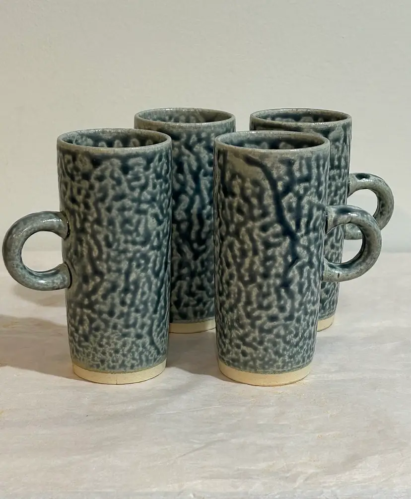Ceramic Blue Salt Glazed Studio Pottery 5” Tall Mugs Set of 4 Signed