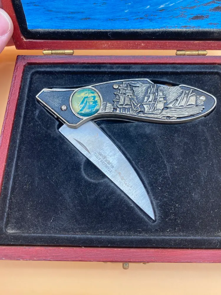 Vintage Nautical Themed Pocket Knife in a Wooden Presentation Box