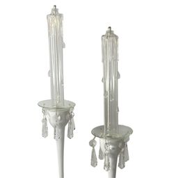 Two Vintage Glass Dripping 9” Candlestick Art Glass Oil Lamps 4 Bobeche 2 Hanging Crytals 2 Etched Additional Wicks