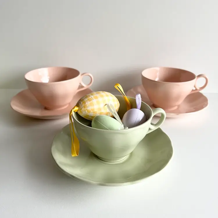 3 Sets of MCM Cups & Saucers, Grindley England, Petal Ware, Peach and Green