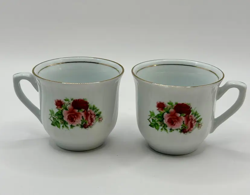 Vintage “Maria” Pattern Floral Tea Cups, Set of 2, Ceramic With Pink Red Roses, By Formalities By Baum Bros., Made in China
