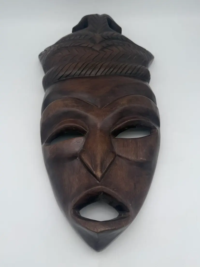 21.5” African Wooden Face Tribal Mask Carved Wood Wall Decor Art