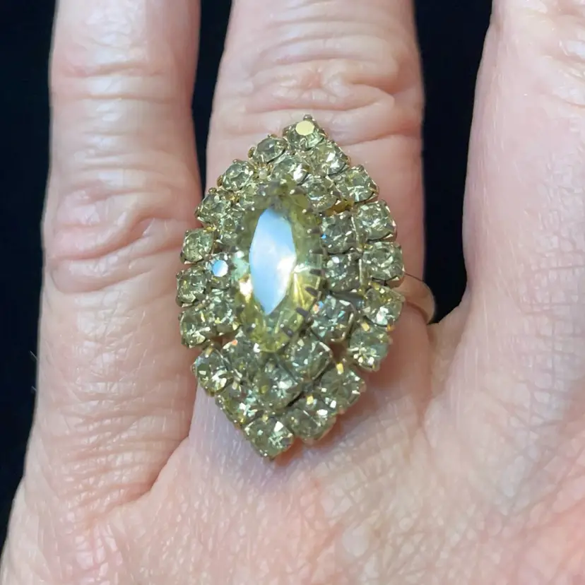 Large Yellow Glass Stone And Silvertone Ring - Adjustable Gorgeous