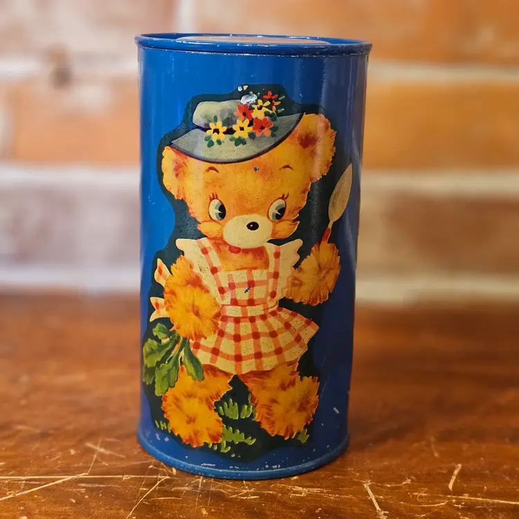 Vintage 1950's Teddy Bear Blue Tin Coin Bank Retro Kitsch Decal Children's Toy Decor