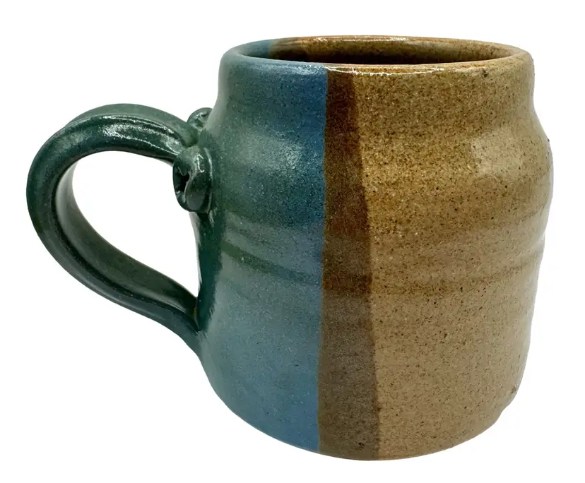 Signed Studio Art Pottery Mug Cup Rice 2010 Blue Beige Hand Painted Face