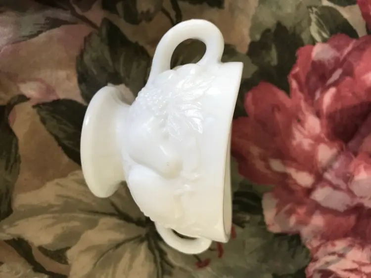 Vintage Della Robbia by Westmoreland White Milk Glass Open Sugar & Creamer Footed Bowl Set  Fruit Pattern Pressed Depression Era Glass 1930’s